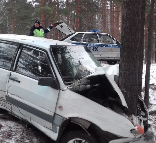 Автомобиль врезался в дерево возле дороги.