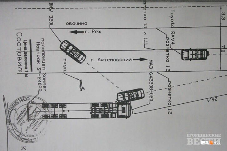 Схема с расположением разбитых автомобилей, указанная в экспертизе. Проведенные исследования Обвинцева считает некорректными. Фото: предоставлено осужденной.